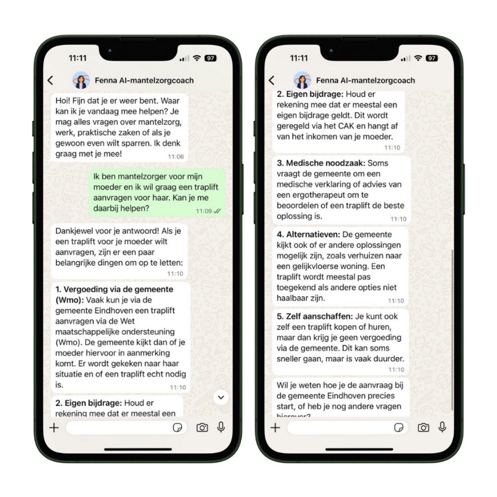 Mock up whatsapp gesprek met Fenna